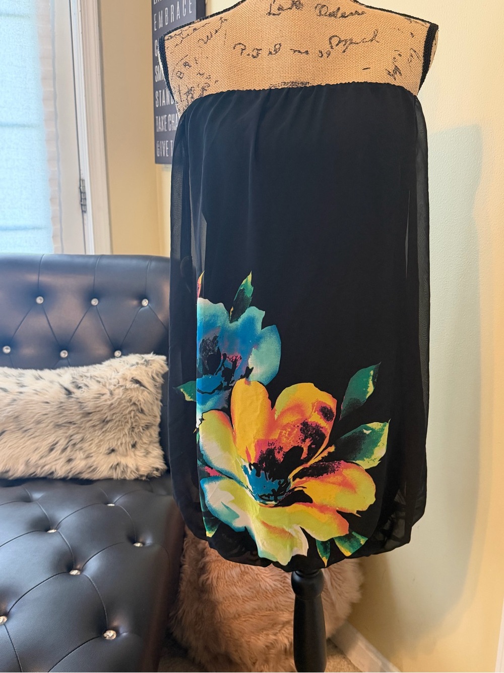 Black Strapless Dress with Vibrant Floral Print